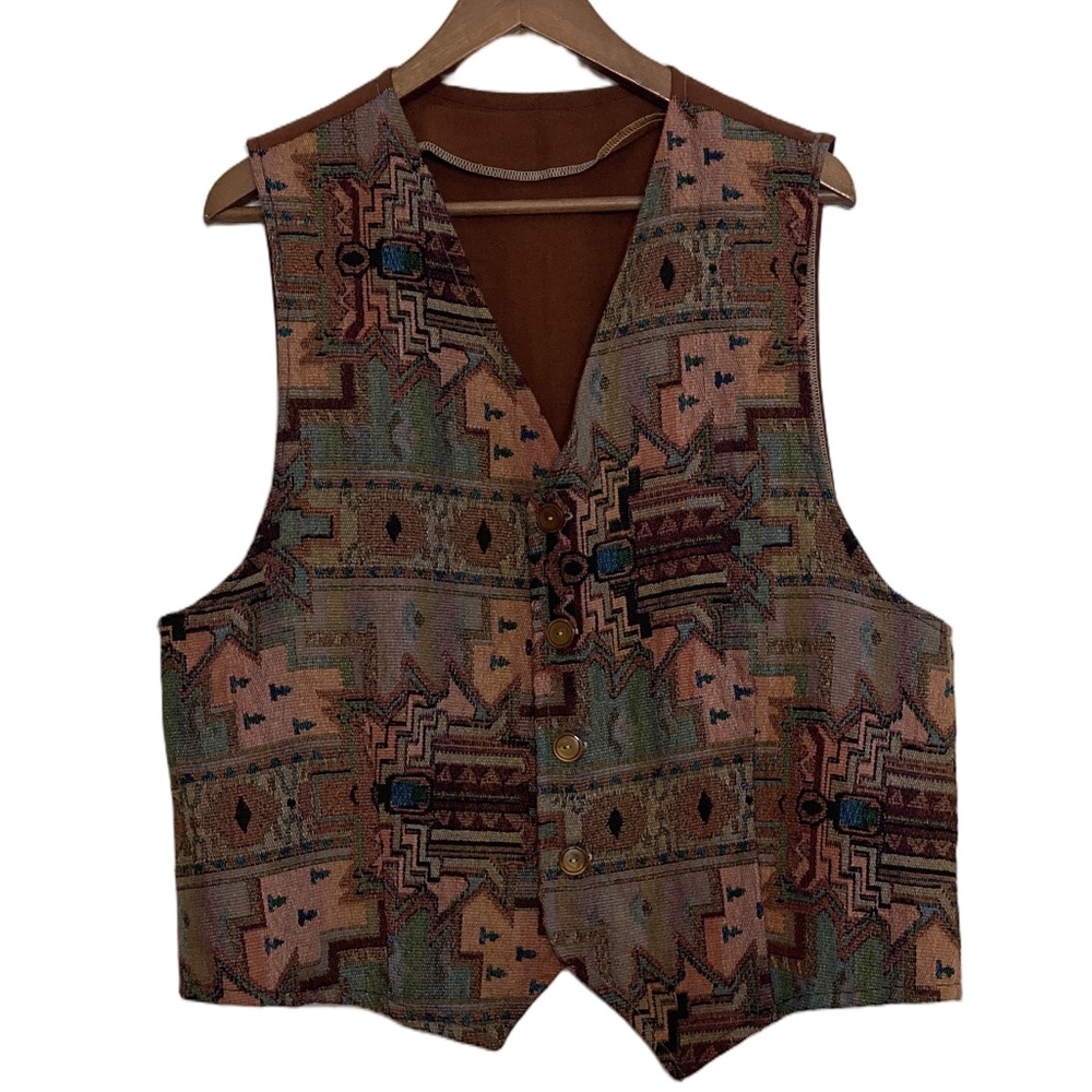 Handmade Tapestry Vest Womens XXL Brown Orange Southwestern 90s Mom Waistcoat